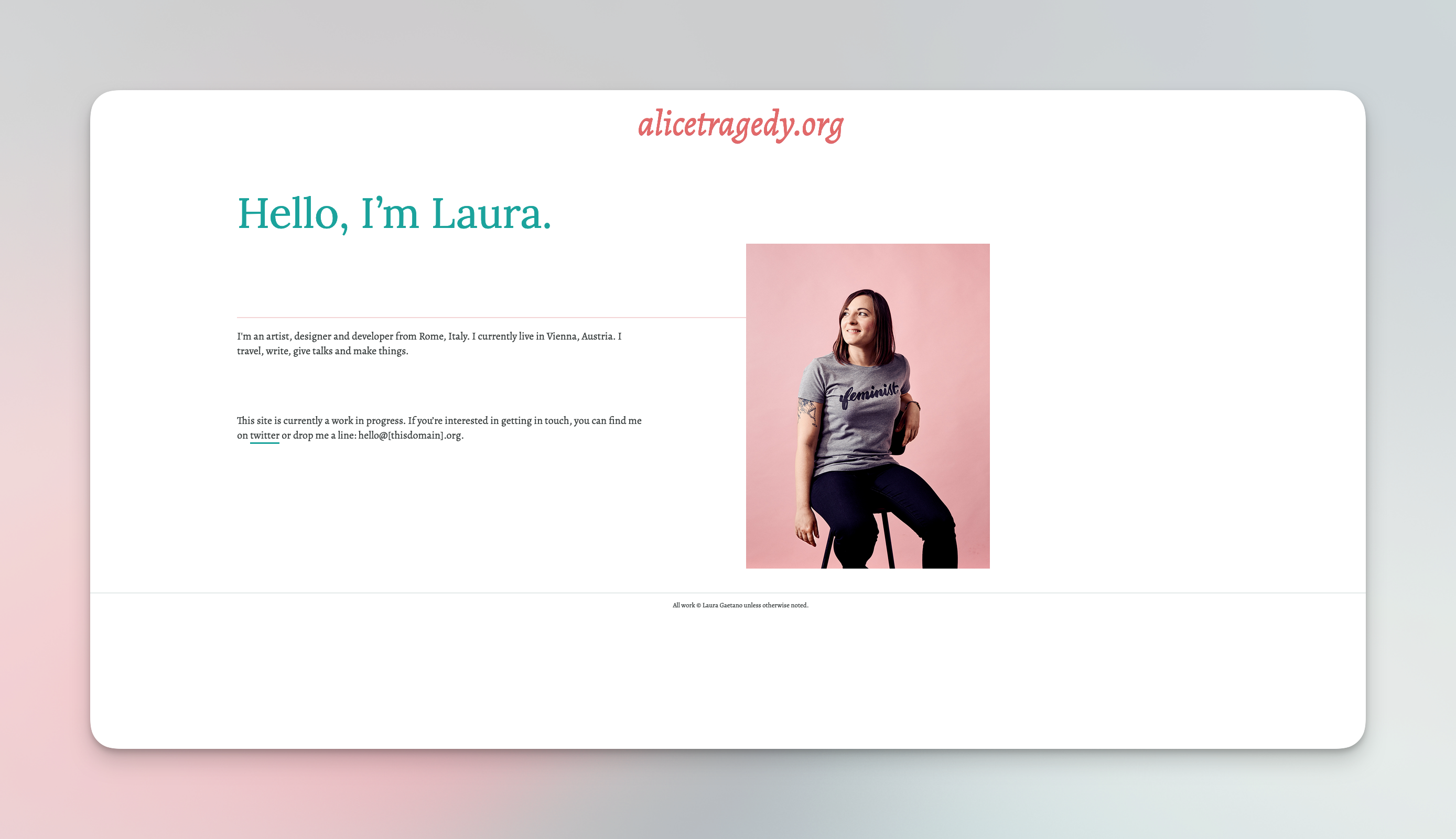 The early MVP of my landing page with my photo, the headline, “Hello, I’m Laura.”, and extremely small body text.