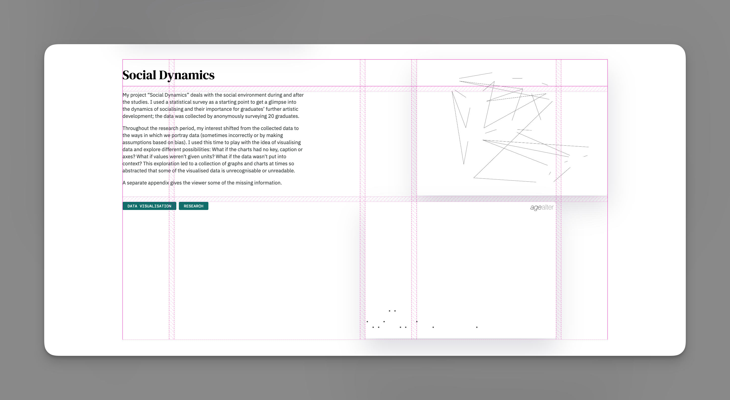 An example of the CSS Grid inspector in the browser on a portfolio page with narrow and wide columns alternating, to allow for a dynamic layout.