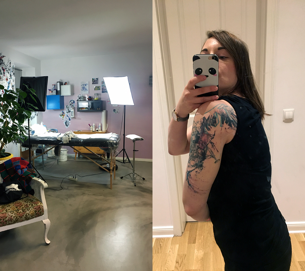 the interior of a tattoo studio and me making a selfie showing off my brand new Moon lander tattoo.