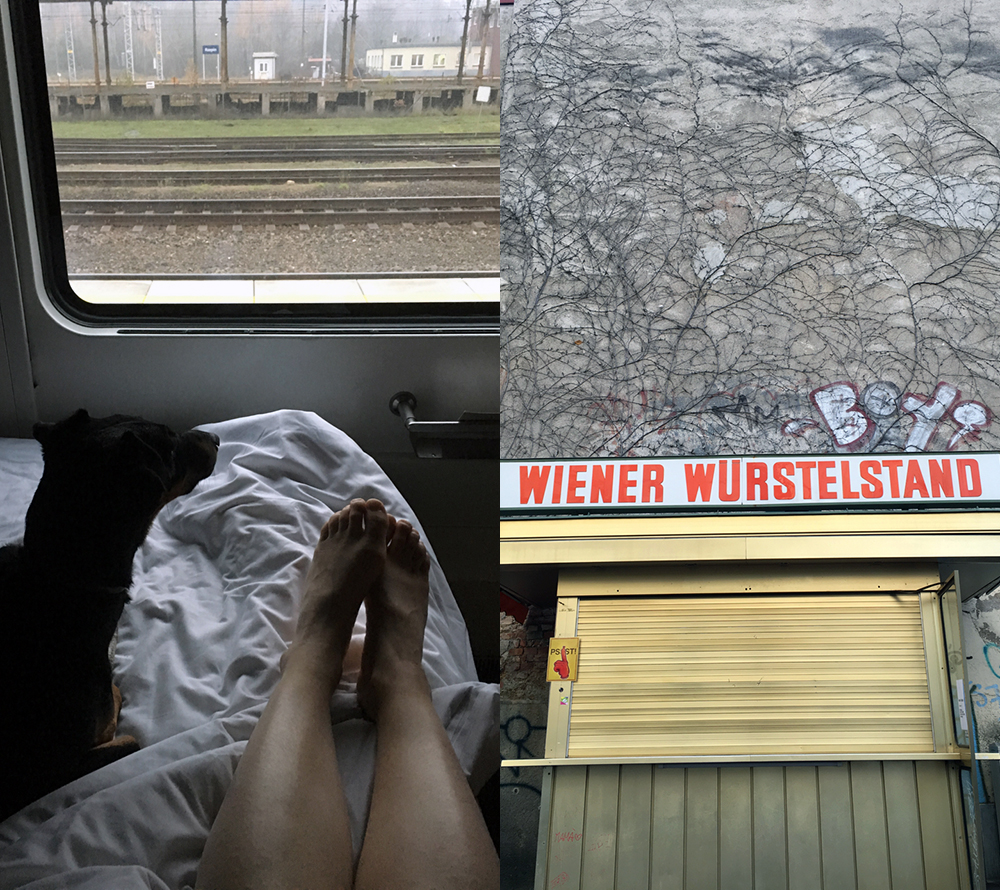 view from the bed in the night train, my bare legs extended out in front of me; the shot of a closed Würstelstand with a sign above it that reads ‘Wiener Würstelstand’.